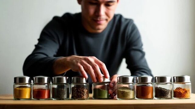 A person selecting spices from a row of glass jars, bringing an ingredient to cook and eat