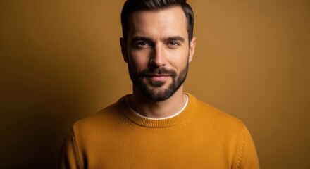 Fototapeta premium A man with a beard and mustache wearing a yellow sweater looks directly at the camera with a neutral expression.
