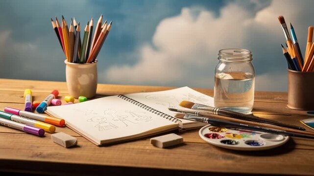 Creative art supplies with colorful pencils markers brushes and sketchbook on wooden table for drawing and painting