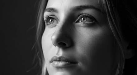 Fototapeta premium A close-up black and white portrait of a beautiful young woman with a contemplative expression