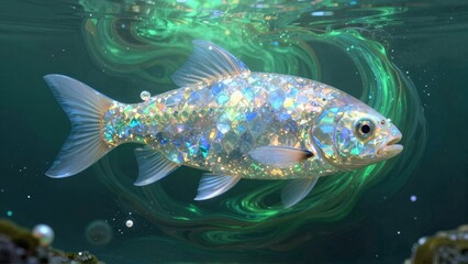 Fototapeta premium The Tesla fish swims through a green swirl in the ocean