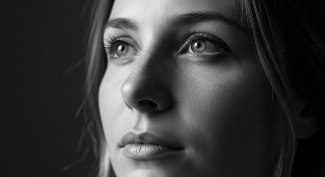 A close-up black and white portrait of a beautiful young woman with a contemplative expression