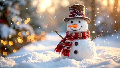 Obraz premium A snowman in a winter scene with a hat and scarf