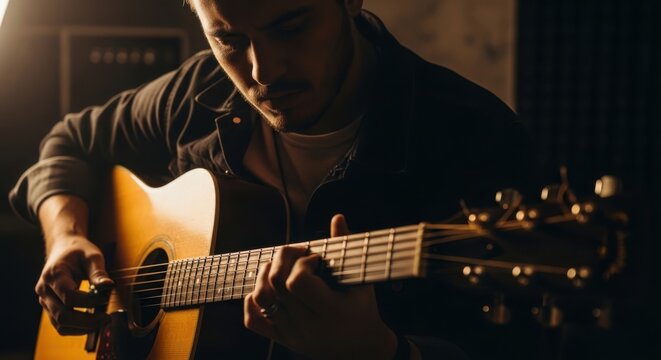 A man playing an acoustic guitar in a dimly lit room with a focused expression on his face.