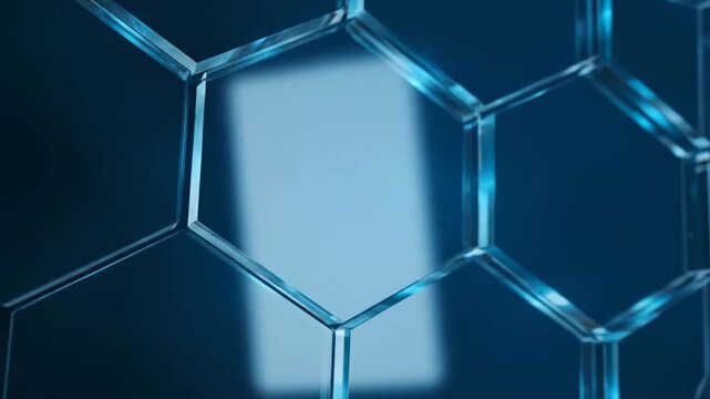 Blue hexagonal glass structure with reflective edges for technology background