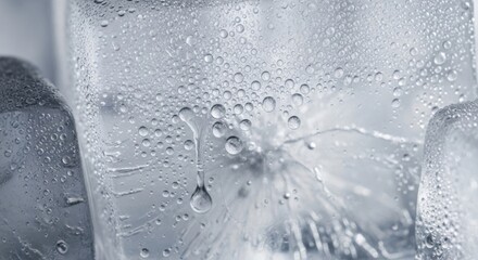 Close-up of condensation on a clear glass of water with ice cubes