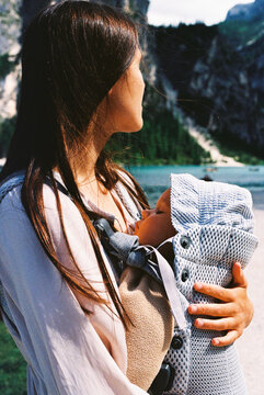 Portrait Mother Holding Sleeping Baby by Mountain Lake Film Photo 