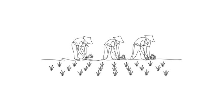 A minimalist line drawing showing three figures bent over planting seedlings in a field