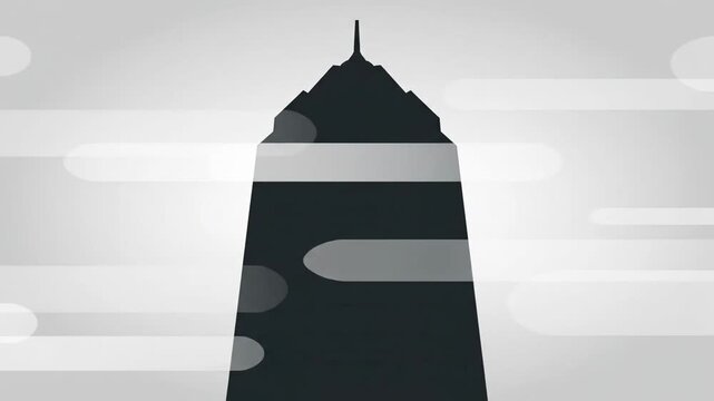 Skyscraper silhouette with minimalist clouds on grey background for urban architecture concept