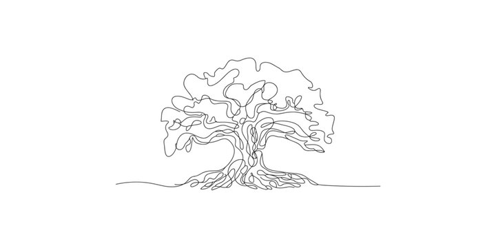 Minimalist black and white sketch of a strong, healthy tree with a wide canopy and visible roots.