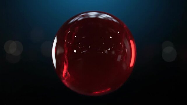 Red glass sphere with internal swirl on dark blue background for abstract concept