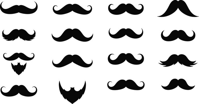 Mustache and beard silhouette collection, facial hair styles grid illustration, grooming icons, barbershop vector design elements