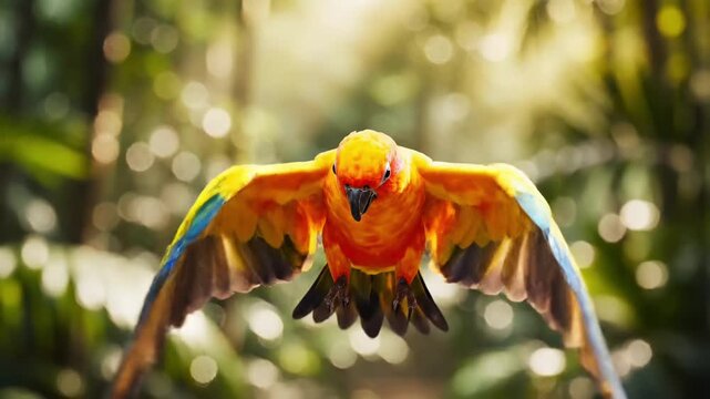 Vibrant parrot in mid-flight against a lush green background.
