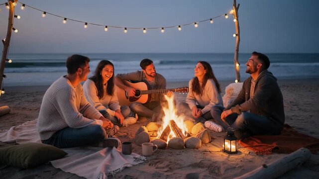 Group of friends enjoying a cozy beach bonfire at sunset with guitar and string lights