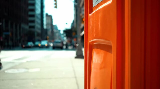 Orange plastic portable toilet on city street sidewalk with blurred urban traffic background