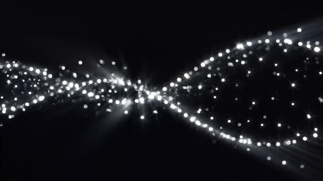 DNA double helix structure made of glowing white particles on black background for medical research