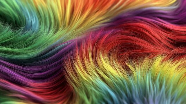 Colorful abstract fur texture with vibrant flowing strands in rainbow hues for creative design backgrounds