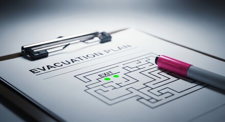 Evacuation plan maze with marker and clipboard