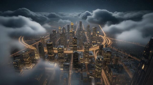 Futuristic cityscape at night with illuminated skyscrapers and glowing roads under dramatic clouds