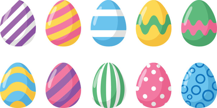 Colorful Easter egg collection with various patterns like stripes polka dots and waves flat design vector illustration isolated on white background
