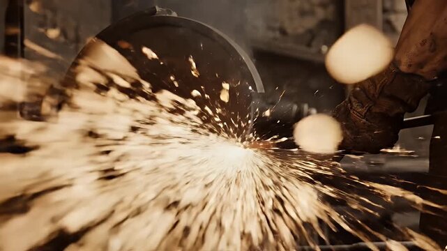 Dynamic Close-up of Metal Grinding with Intense Sparks in Workshop.