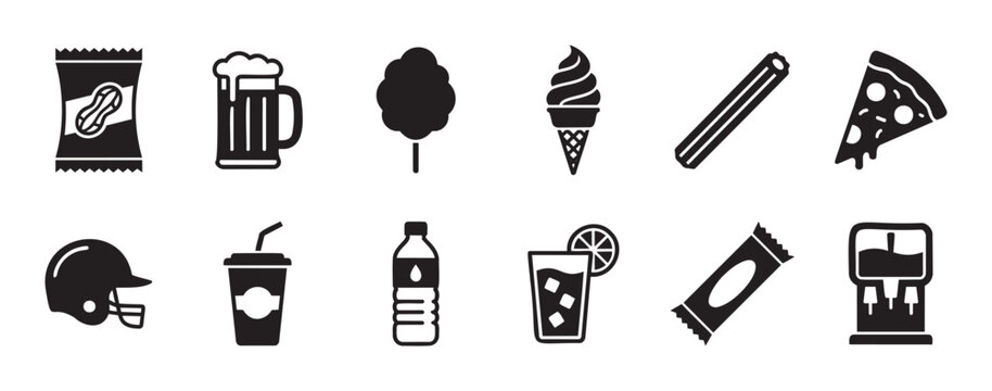 Collection of black stadium food and drink icons with a baseball helmet, perfect for sports event menus, concession stand graphics, and event advertising materials.