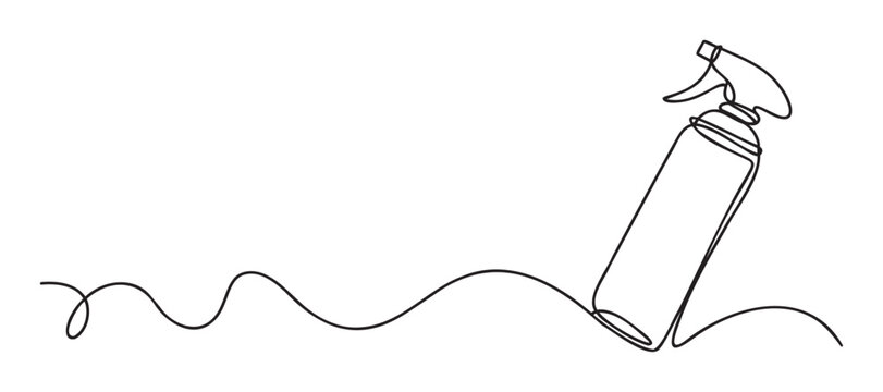 Simple continuous line drawing of a spray bottle illustrating a sleek and modern approach to cleaning and hygiene for various commercial backgrounds and product packaging.