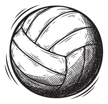 Energetic black and white line drawing of a volleyball in motion perfect for sports posters athletic apparel branding and competitive game marketing campaigns