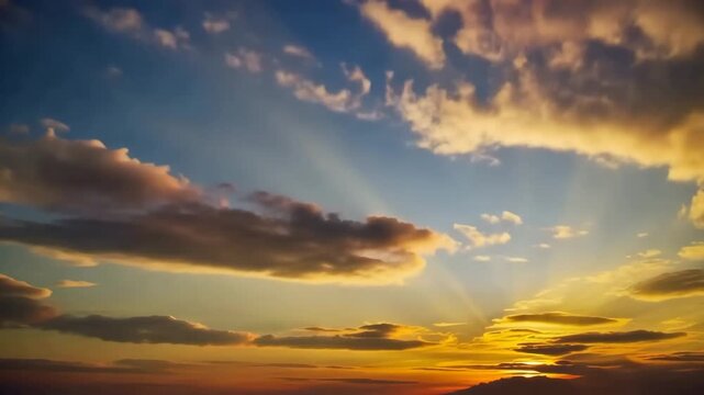 Beautiful sunset with sun rays shining through fluffy white clouds