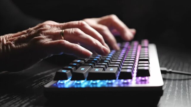 Person typing on a backlit keyboard with colorful lights.