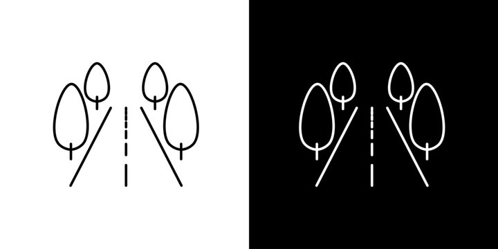 Minimalist vector line icon depicting a straight road with stylized trees, symbolizing journey, travel, and a scenic path for modern design applications