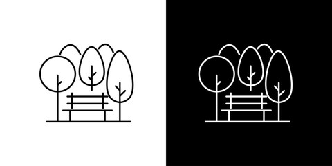 Minimalist line art park scene vector icon illustrating a tranquil outdoor space with a comfortable bench and various trees, perfect for graphic design elements promoting leisure and relaxation © Tifany