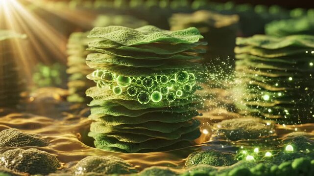 Stacked green algae cells with glowing particles and sunlight.