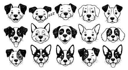 Fototapeta premium Whimsical Dogs Chalk Scribble Puppy Heads Vector Set with Funny Charcoal Sketch Outline Hand Drawn Doodle Style