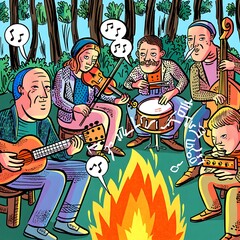 Musical Friends Singing Around Campfire in Forest