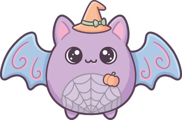Fototapeta premium Adorable Kawaii Bat Wearing a Witch Hat and Holding a Pumpkin, Perfect for Halloween Decorations and Themed Designs.