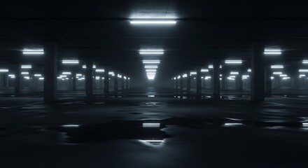Obraz premium Empty parking garage with fluorescent lighting