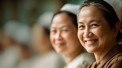 Obraz premium Smiling nurses: a portrait of healthcare professionals with a warm and gentle demeanor. The image highlights a row of nurses with focused expressions and gentle smiles.