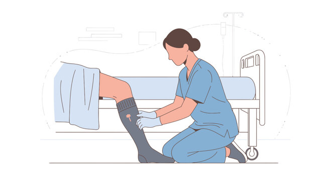 Nurse applying compression stocking to patient's leg in hospital bed