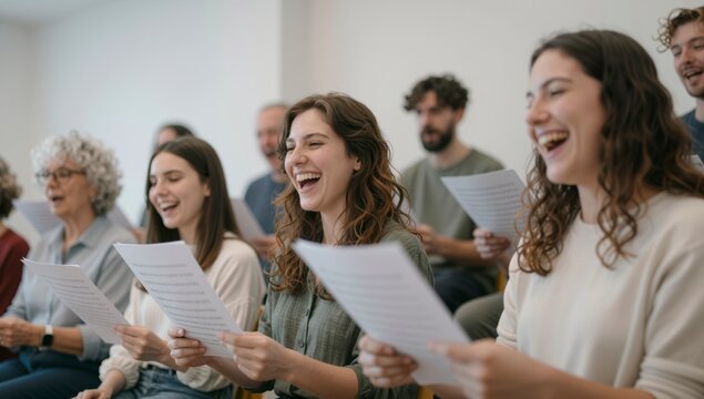 A diverse group of adults are happily singing from sheet music in a room