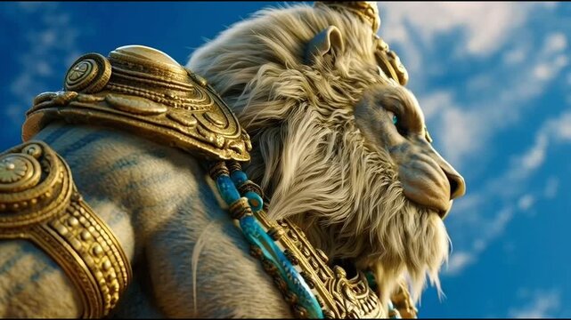 to Narasimha the divine lion-headed avatar in ornate gold armor