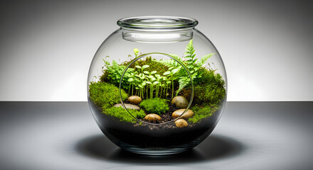 Serene miniature garden in glass terrarium with lush greenery and stones