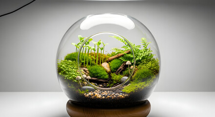 Serene miniature garden in glass terrarium on wooden base