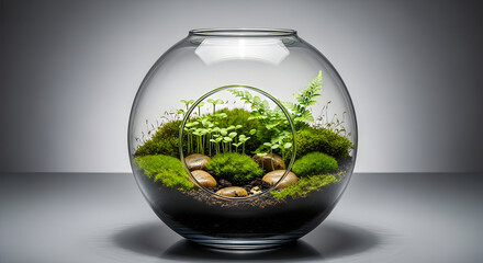 Serene miniature garden in glass terrarium with lush greenery and smooth stones