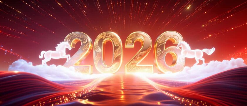 Futuristic golden 2026 with magnificent equine figures, dazzling fireworks, and a guiding path of light, symbolizing a prosperous journey and a bright year ahead filled with success and opportunity