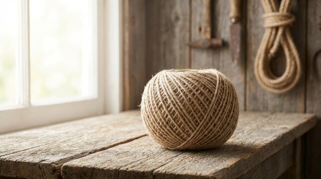 Ball of Jute Twine on Rustic Wooden Table by Window