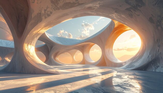 Surreal image of inflated forms evoking all the feels with dramatic shadows and futuristic architecture
