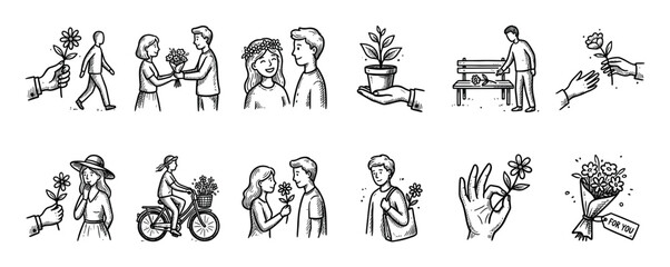 Obraz premium Hand drawn doodle illustration set of people giving and receiving flowers as a romantic gift, showing love, kindness, and appreciation in a simple sketch style isolated on white