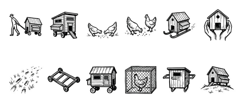 Set of hand-drawn chicken coop illustrations showing various mobile hen houses, poultry, and farming elements in a black and white sketch style, isolated on a white background