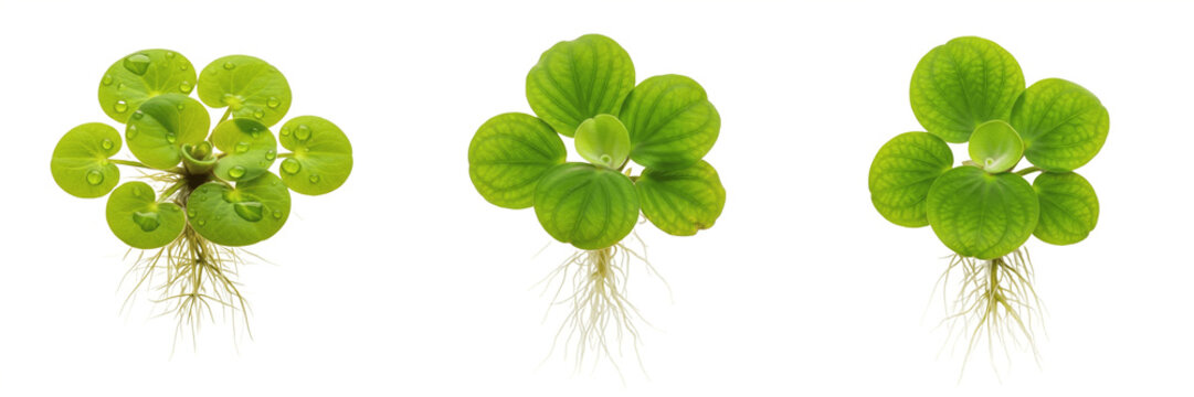 Frogbit Limnobium laevigatum aquarium plant isolated on white background, tropical freshwater floating plant, low light aquarium greenery, decorative surface aquatic plant with long roots